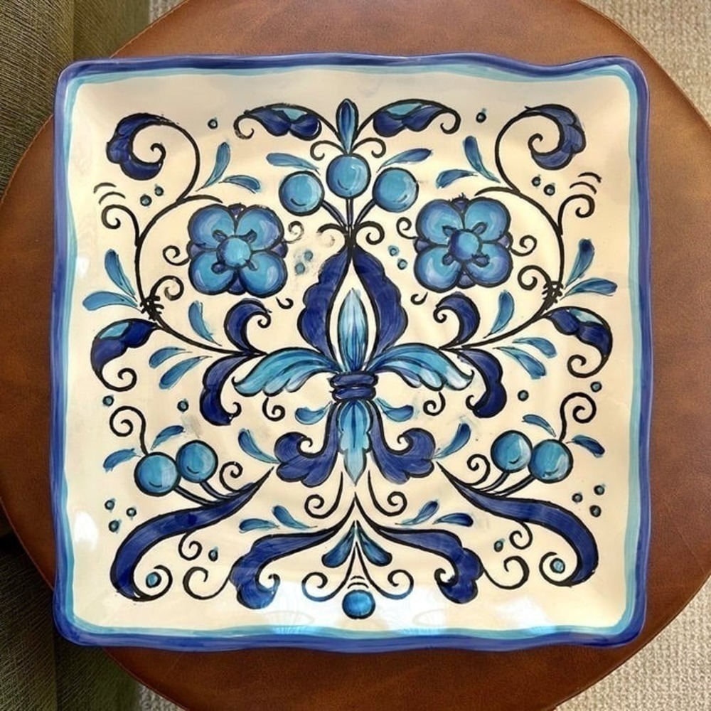 Maxcera‎ "Blue Tonic" Handpainted Fleur de Lis Floral 11.5" Square Platter